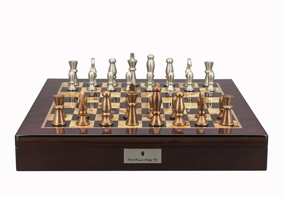 Dal Rossi Italy Chess Set Mahogany Shinny Finish 20″ With Compartments, With Copper & Silver Weighted Metal Chess Pieces 85mm pieces