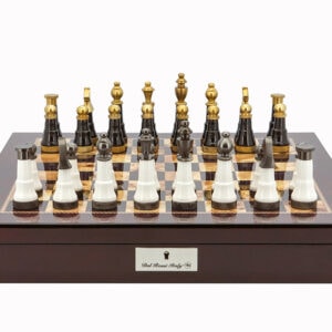 Dal Rossi Italy Chess Set Mahogany Shinny Finish 20″ With Compartments, With Black and White with Gold and Gun Metal Tops and Bottoms Chessmen 110mm