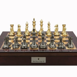 Dal Rossi Italy Chess Set Mahogany Shinny Finish 20″ With Compartments, With Very Heavy Brass Staunton Gold and Silver Chessmen 110mm