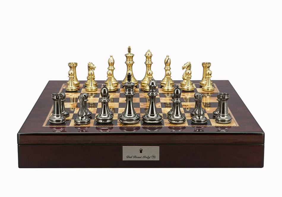 Dal Rossi Italy Chess Set Mahogany Shinny Finish 20″ With Compartments, With Very Heavy Brass Staunton Gold and Silver Chessmen 110mm