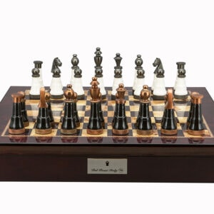 Dal Rossi Italy Chess Set Mahogany Finish 20″ With Compartments, With Black and White with Copper and Gun Metal Gray Tops and Bottoms Chess Pieces 110mm
