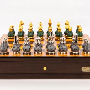 Dal Rossi Italy Chess Set Walnut Finish 18" With Gray and Green Gold and Silver Metal Tops and Bottoms Chess Pieces 90mm