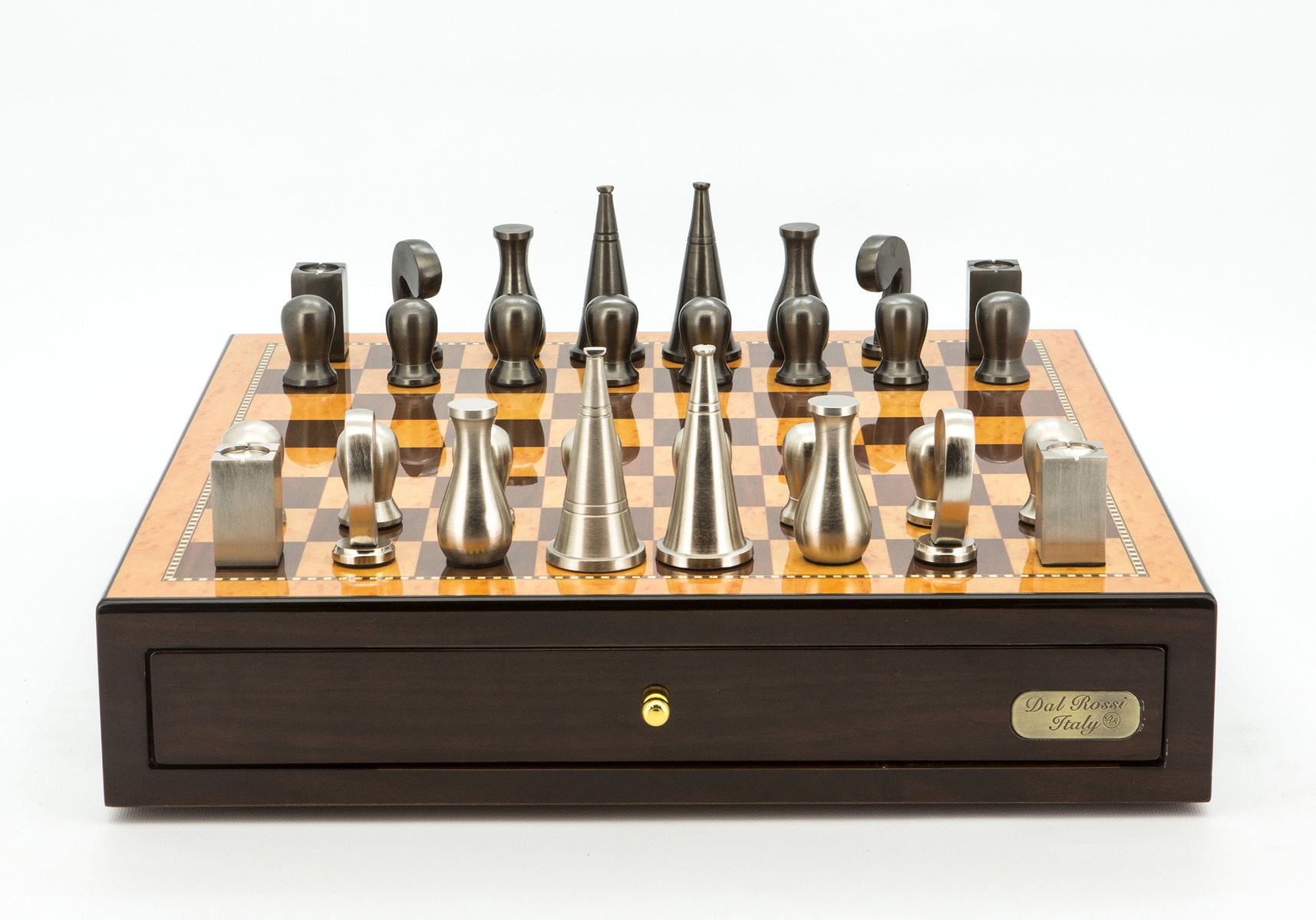 Dal Rossi Italy Chess Set Walnut Finish 18", With Metal Dark Titanium and Silver 90mm Chessmen