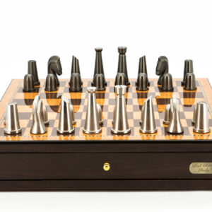 Dal Rossi Italy Chess Set Walnut Finish 18" With two Drawers, With Metal Dark Titanium and Silver chessmen 85mm