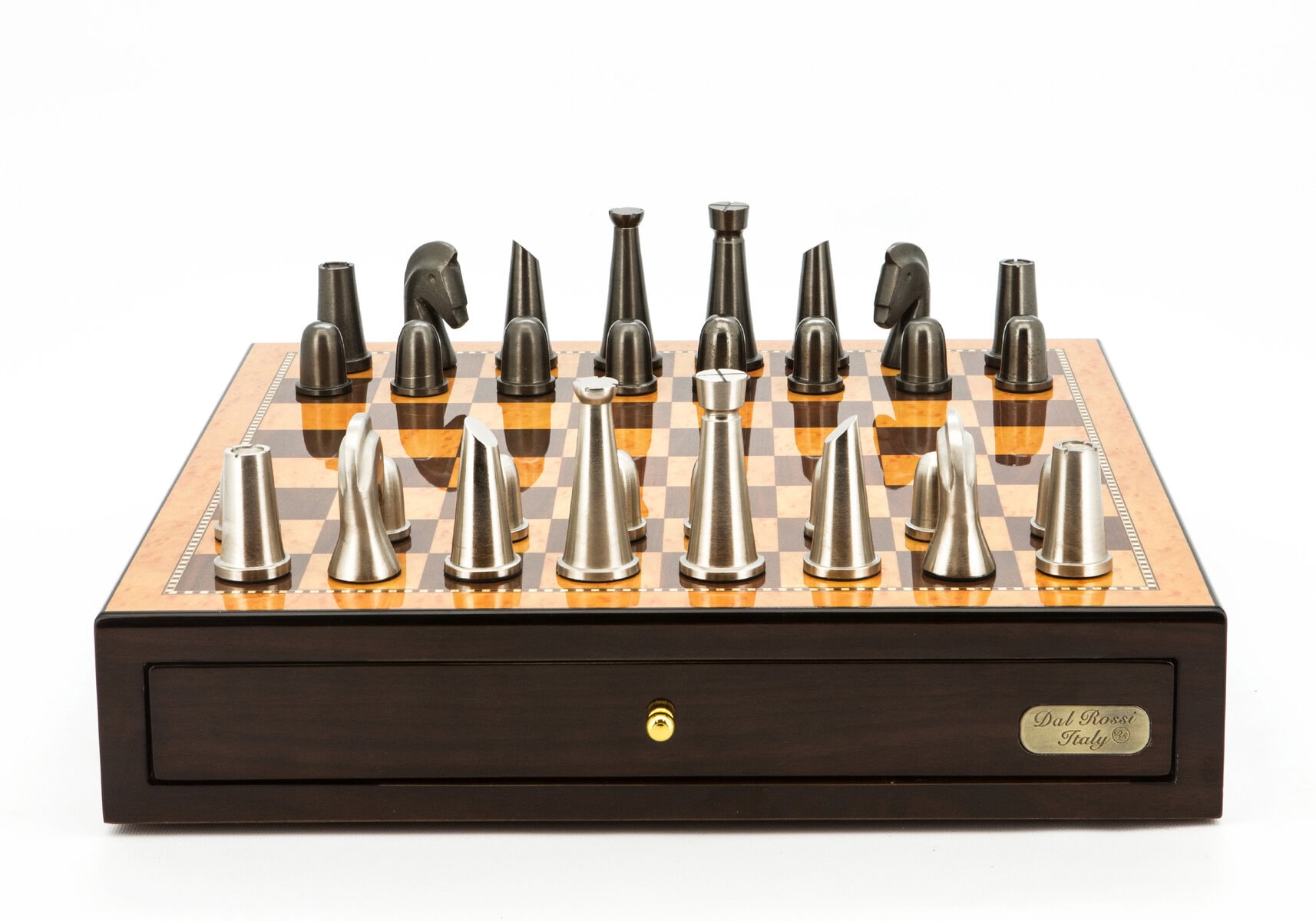 Dal Rossi Italy Chess Set Walnut Finish 18" With two Drawers, With Metal Dark Titanium and Silver chessmen 85mm