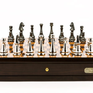 Dal Rossi Italy Chess Set Walnut Finish 18" With two Drawers, With Metal Dark Titanium and Silver chessmen 85mm