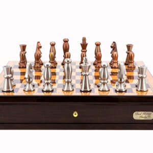 Dal Rossi Italy Chess Set Walnut Finish 18" With two Drawers, With Copper & Silver Weighted Metal 85mm Chess Pieces
