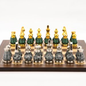 Dal Rossi Italy Chess Set Palisander / Maple Flat Board 40cm, With Gray and Green Gold and Silver Metal Tops and Bottoms Chess Pieces 90mm