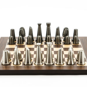 Dal Rossi Italy Chess Set Palisander / Maple Flat Board 40cm, With Metal Dark Titanium and Silver chessmen 85mm