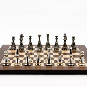 Dal Rossi Italy Chess Set Palisander / Maple Flat Board 50cm, With Metal Dark Titanium and Silver chessmen 85mm