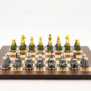Dal Rossi Italy Chess Set Palisander / Maple Flat Board 50cm, With Gray and Green Gold and Silver Metal Tops and Bottoms Chess Pieces 90mm