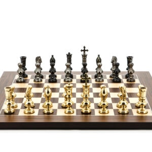 Dal Rossi Italy Chess Set Palisander / Maple Flat Board 50cm, With Metal Dark Titanium and Gold Chessmen 110mm