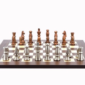 Dal Rossi Italy Chess Set Flat Palisander/Maple Board 50cm, With Copper & Silver Weighted Metal 85mm Chess Pieces