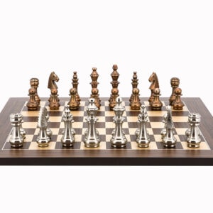 Dal Rossi Italy Chess Set Flat Palisander/Maple Board 50cm, With Copper & Silver Weighted Metal 100mm Chess Pieces