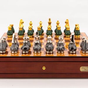 Dal Rossi Italy Chess Set Mahogany Finish 18" With Gray and Green Gold and Silver Metal Tops and Bottoms Chess Pieces 90mm