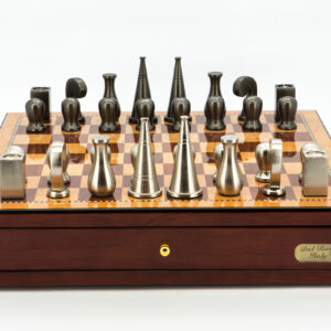 Dal Rossi Italy Chess Set Mahogany Finish 18", With Metal Dark Titanium and Silver 90mm Chessmen
