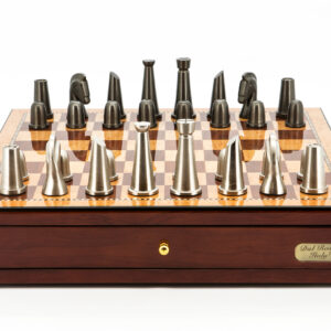 Dal Rossi Italy Chess Set Mahogany Finish 18" With two Drawers, With Metal Dark Titanium and Silver chessmen 85mm
