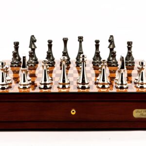 Dal Rossi Italy Chess Set Mahogany Finish 18" With two Drawers, With Metal Dark Titanium and Silver chessmen 85mm