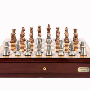 Dal Rossi Italy Chess Set Mahogany Finish 18" With two Drawers, With Copper & Silver Weighted Metal 85mm Chess Pieces