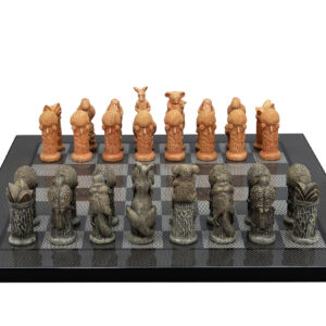 Dal Rossi Hand Paint - Australiana Chessmen on a Carbon Fibre Finish, 40cm Chess Board