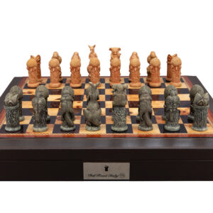 Dal Rossi Hand Paint - Australiana Chessmen on a Brown PU Leather Bevelled Edge chess box with compartments 18"