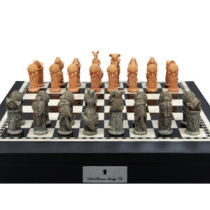 Dal Rossi Hand Paint - Australiana Chessmen on a Black PU Leather Bevelled Edge chess box with compartments 18"