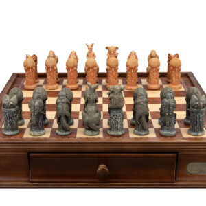 Dal Rossi Hand Paint - Australiana Chessmen on a Walnut Inlaid Chess Box with Drawers 16"