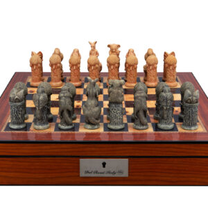 Dal Rossi Hand Paint - Australiana Chessmen on a Walnut Finish Shiny Chess Box with Compartments 16"