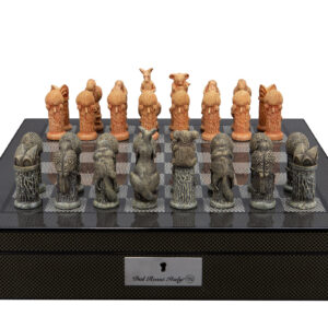 Dal Rossi Hand Paint - Australiana Chessmen on a Carbon Fibre Finish Shiny Chess Box with Compartments 16"