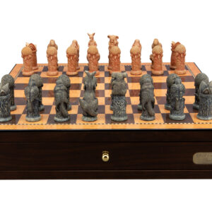 Dal Rossi Hand Paint - Australiana Chessmen on a Shiny Walnut Chess Box with two Drawers 18"