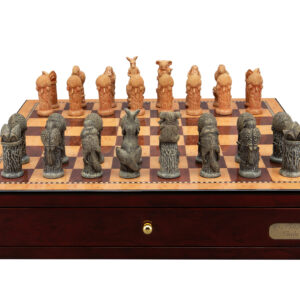Dal Rossi Hand Paint - Australiana Chessmen on a Shiny Mahogany Chess Box with two Drawers 18"