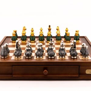 Dal Rossi Italy Chess Set Walnut Finish 20″ With Two Drawers, With Gray & Green Weighted Metal Chess Pieces 90mm pieces