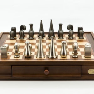 Dal Rossi Italy Chess Set Walnut Finish 16″ With Two Drawers, Metal Dark Titanium and Silver 90mm Chessmen