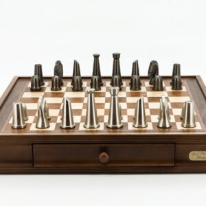 Dal Rossi Italy Chess Set Walnut Finish 20″ With Two Drawers, With Metal Dark Titanium and Silver chessmen 85mm