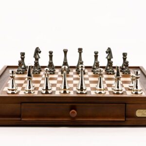 Dal Rossi Italy Chess Set Walnut Finish 20″ With Two Drawers, With Metal Dark Titanium and Silver chessmen 85mm
