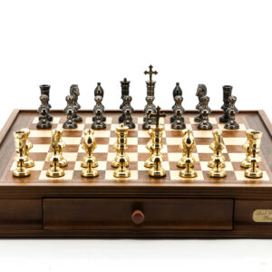 Dal Rossi Italy Chess Set Walnut Finish 20″ With Two Drawers, With Metal Dark Titanium and Gold Chessmen 110mm