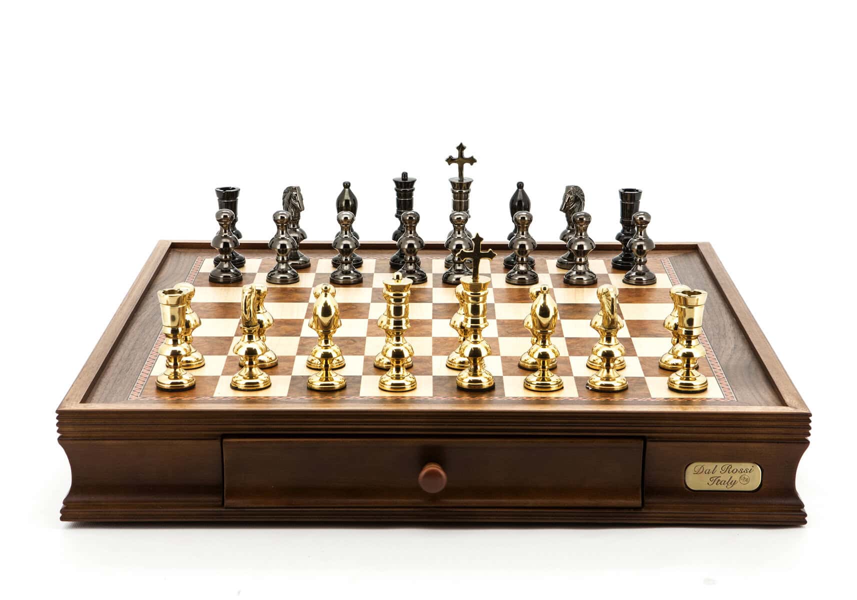 Dal Rossi Italy Chess Set Walnut Finish 20″ With Two Drawers, With Metal Dark Titanium and Gold Chessmen 110mm