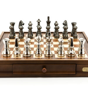 Dal Rossi Italy Chess Set Walnut Finish 20″ With Two Drawers, With Metal Dark Titanium and Silver chessmen 115mm