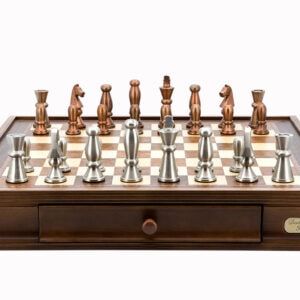 Dal Rossi Italy Chess Set Walnut Finish 20″ With Two Drawers, With Copper & Silver Weighted Metal Chess Pieces 85mm