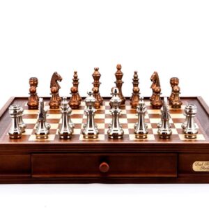 Dal Rossi Italy Chess Set Walnut Finish 20″ With Two Drawers, With Copper & Silver Weighted Metal Chess Pieces 100mm pieces