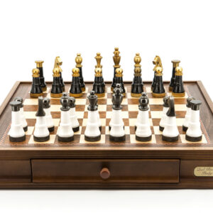 Dal Rossi Italy Chess Set Walnut Finish 20″ With Two Drawers, With Black and White with Gold and Gun Metal Tops and Bottoms Chessmen 110mm