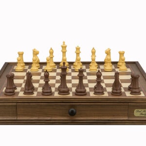 Dal Rossi Italy Chess Set Walnut Finish 20″ With Two Drawers, Queen Gambit Chessmen 90mm
