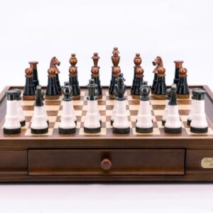 Dal Rossi Italy Chess Set Walnut Finish 20″ With Two Drawers, With Black and White Copper and Gun Metal Gray Tops Pieces 110mm