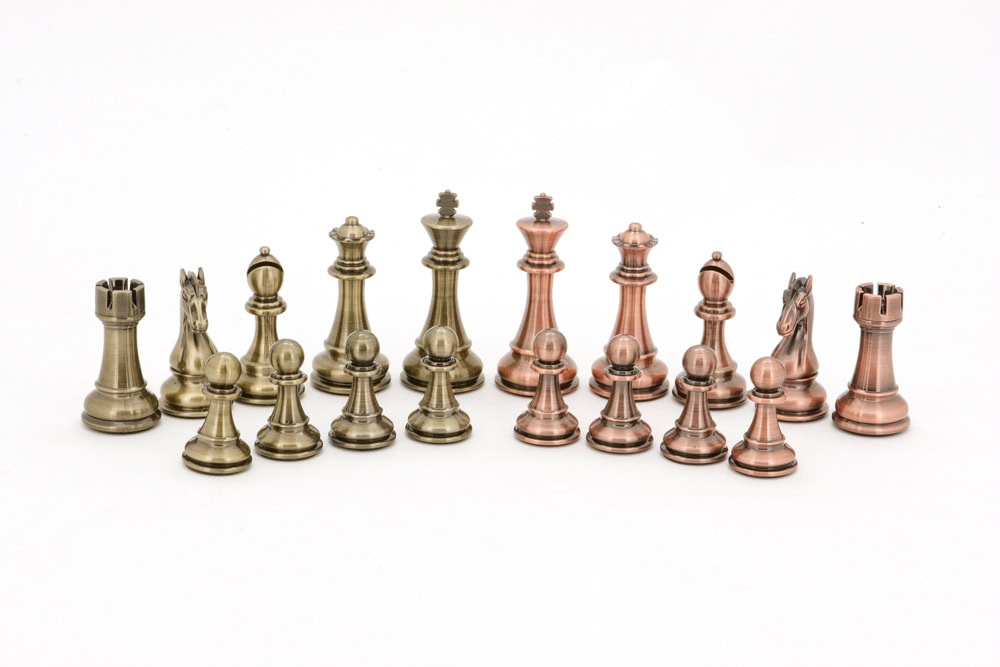 Dal Rossi Italy Bronze and Copper Weight Chess pieces110mm Chessmen on a Walnut Inlaid Chess Box with Compartments 20"