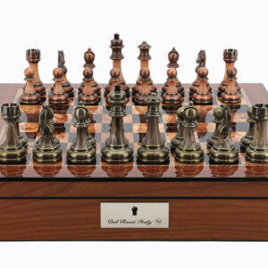 Dal Rossi Italy Walnut Finish chess box with lock & compartments 16” with Antique Chessmen