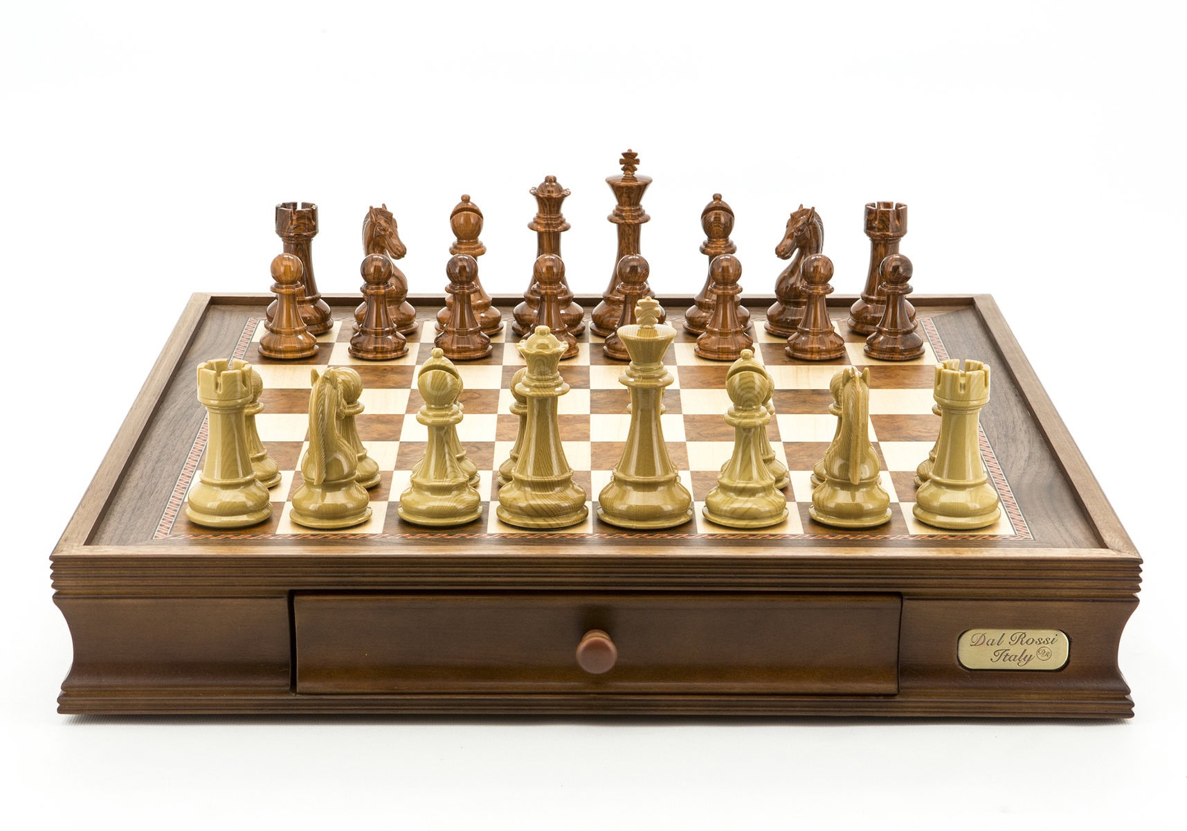 Dal Rossi Italy Walnut Chess Set 20 Brown and Box Wood Grain Finish 110mm Chess Pieces
