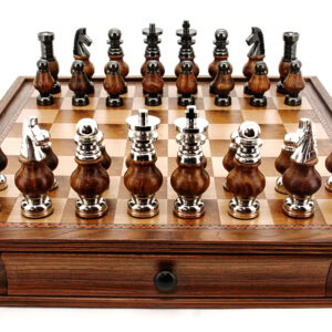 Dal Rossi LARGE Metal Wood Chess Set With Two Drawers 20" Walnut Finish